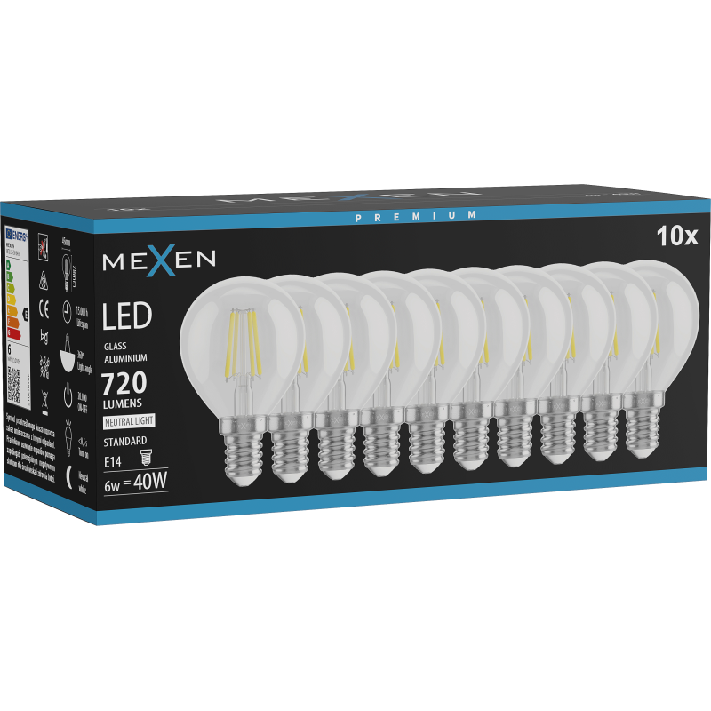 Mexen Vintis 10x żarówka filament LED E14, G45, 6W, Neutralna - 4000K, 720 lm, clear - L156-E14-0640-00x10