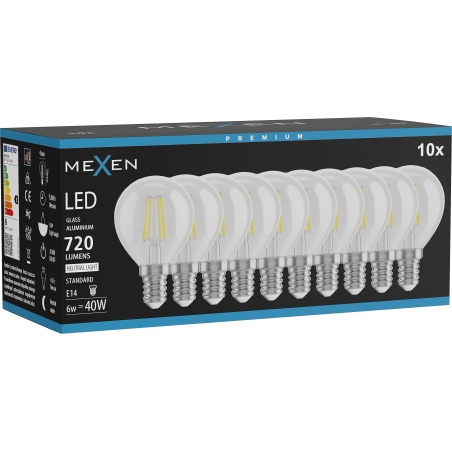 Mexen Vintis 10x żarówka filament LED E14, G45, 6W, Neutralna - 4000K, 720 lm, clear - L156-E14-0640-00x10