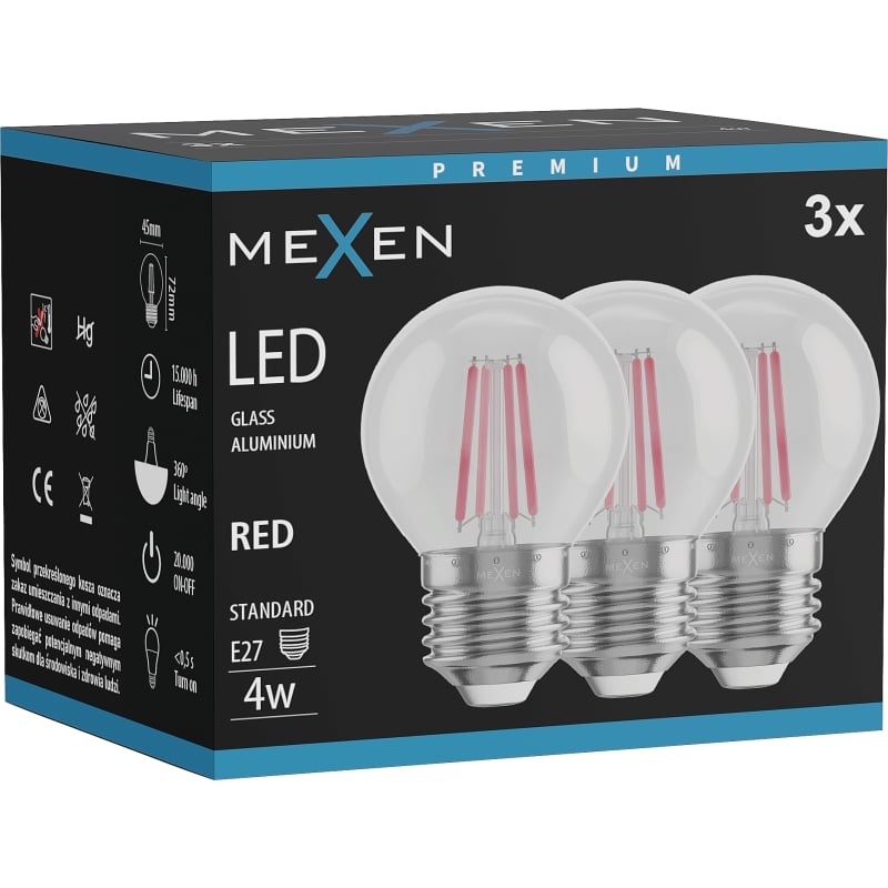 Mexen Vintis 3x żarówka filament LED E27, G45, 4W, 55 lm, red - L156-E27-04XX-45x03