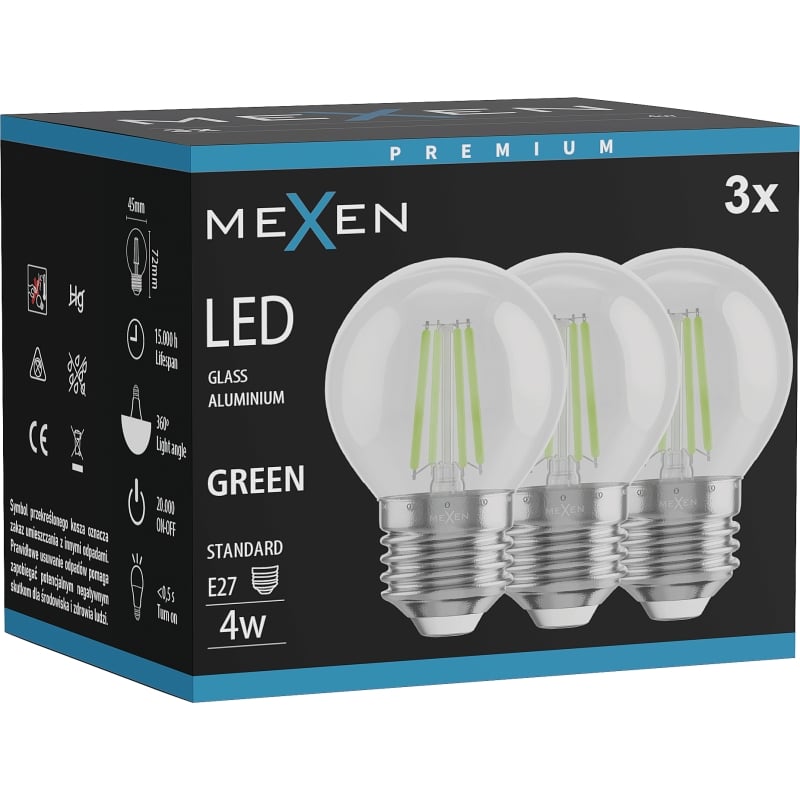 Mexen Vintis 3x żarówka filament LED E27, G45, 4W, 55 lm, green - L156-E27-04XX-46x03