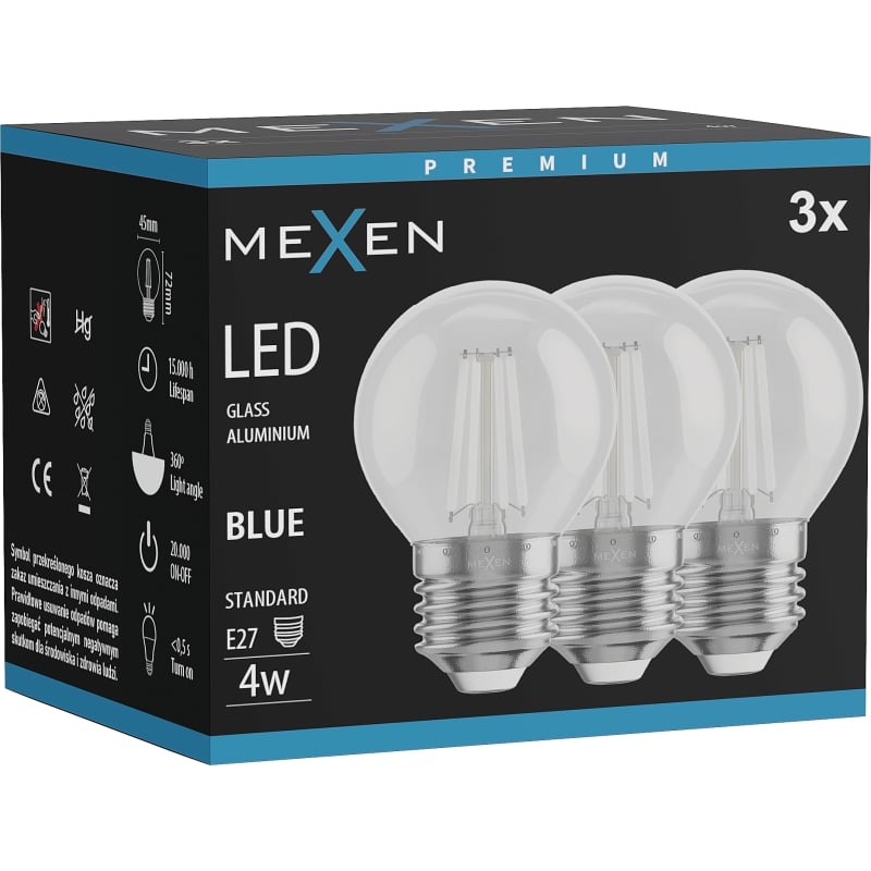 Mexen Vintis 3x żarówka filament LED E27, G45, 4W, 55 lm, blue - L156-E27-04XX-47x03