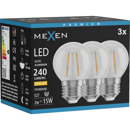 Mexen Vintis 3x żarówka filament LED E27, G45, 2W, Ciepła - 2700K, 240 lm, clear - L156-E14-0227-00x03