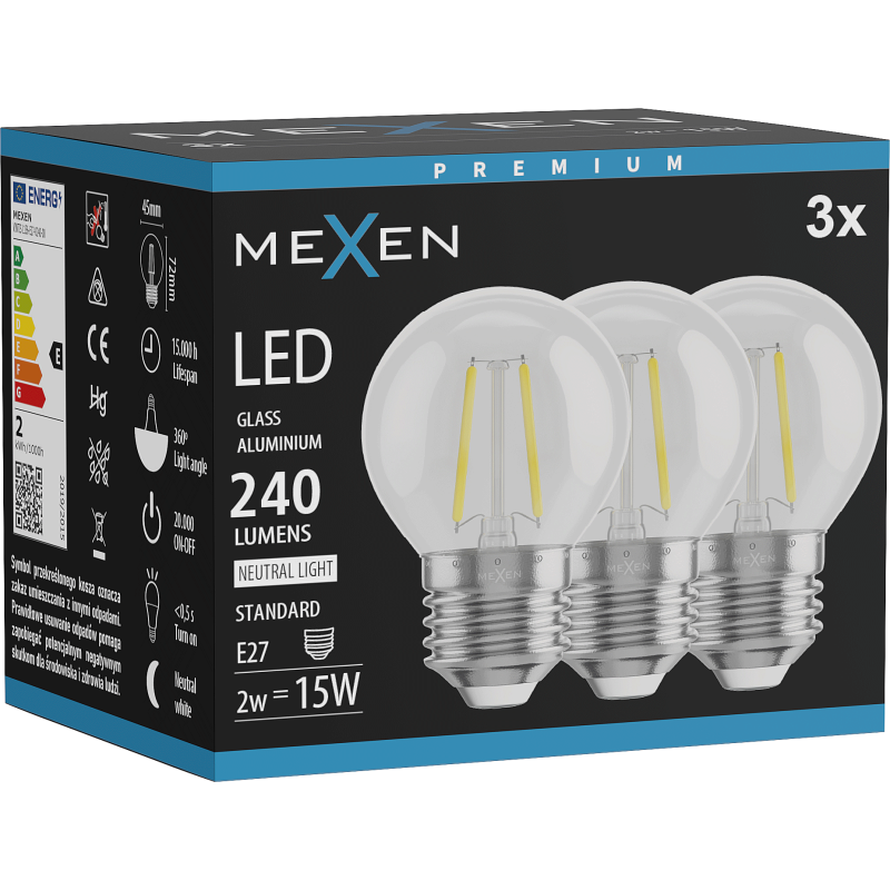Mexen Vintis 3x żarówka filament LED E27, G45, 2W, Neutralna - 4000K, 240 lm, clear - L156-E14-0227-00x03