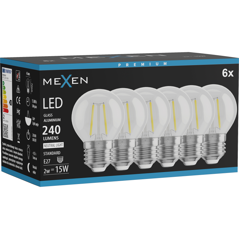 Mexen Vintis 6x żarówka filament LED E27, G45, 2W, Neutralna - 4000K, 240 lm, clear - L156-E14-0227-00x06