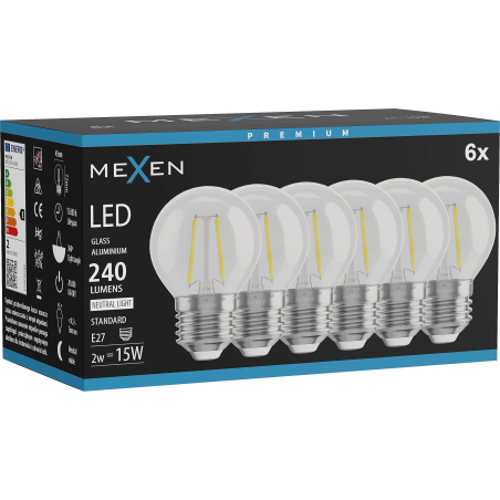 Mexen Vintis 6x żarówka filament LED E27, G45, 2W, Neutralna - 4000K, 240 lm, clear - L156-E14-0227-00x06
