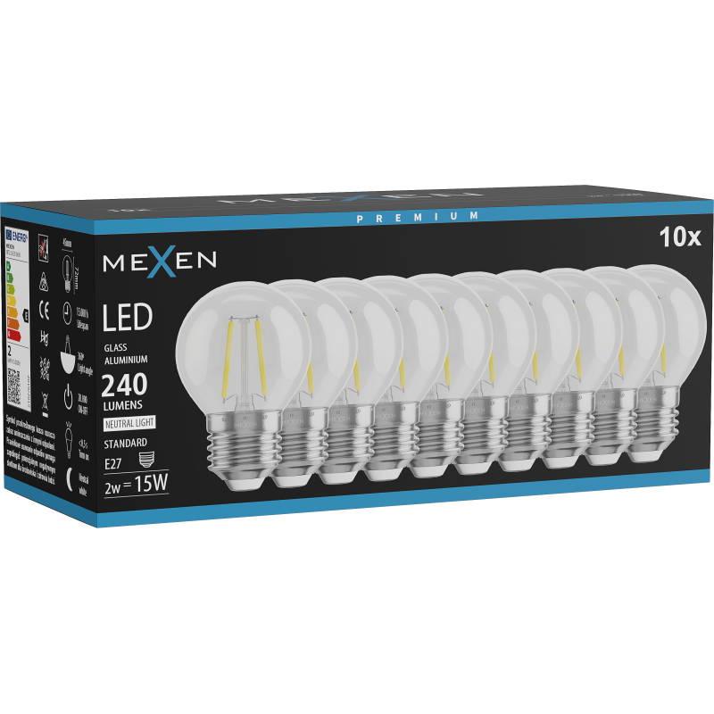 Mexen Vintis 10x żarówka filament LED E27, G45, 2W, Neutralna - 4000K, 240 lm, clear - L156-E14-0227-00x10