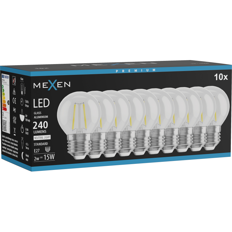 Mexen Vintis 10x żarówka filament LED E27, G45, 2W, Neutralna - 4000K, 240 lm, clear - L156-E27-0227-00x10