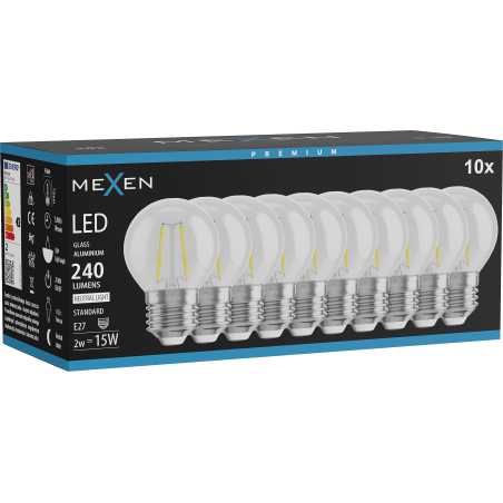 Mexen Vintis 10x żarówka filament LED E27, G45, 2W, Neutralna - 4000K, 240 lm, clear - L156-E14-0227-00x10