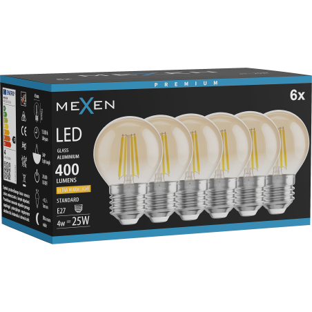 Mexen Vintis 6x żarówka filament LED E27, G45, 4W, Ciepła - 2200K, 400 lm, amber - L156-E27-0422-50x06
