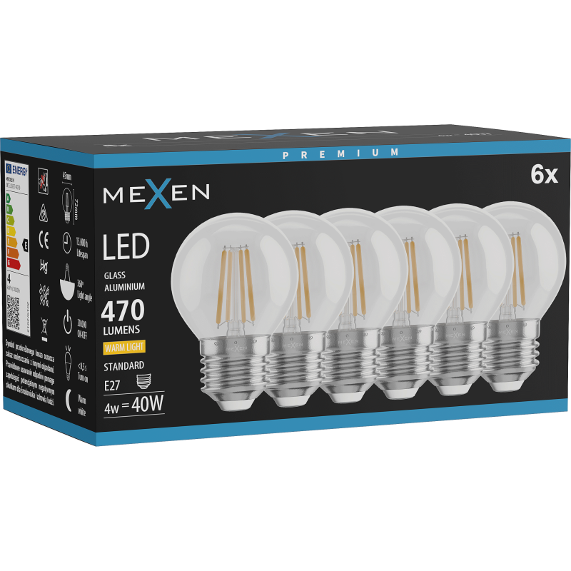 Mexen Vintis 6x żarówka filament LED E27, G45, 4W, Ciepła - 2700K, 470 lm, clear - L156-E27-0427-00x06