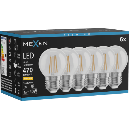 Mexen Vintis 6x żarówka filament LED E27, G45, 4W, Ciepła - 2700K, 470 lm, clear - L156-E27-0427-00x06