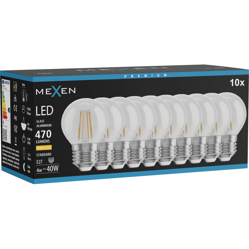 Mexen Vintis 10x żarówka filament LED E27, G45, 4W, Ciepła - 2700K, 470 lm, clear - L156-E27-0427-00x10