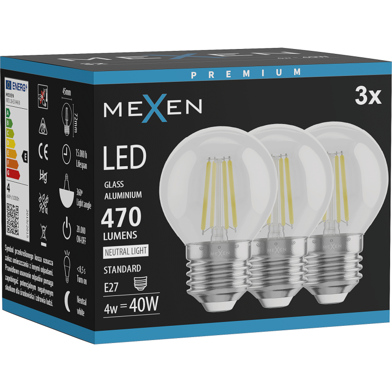 Mexen Vintis 3x żarówka filament LED E27, G45, 4W, Neutralna - 4000K, 470 lm, clear - L156-E27-0427-00x03
