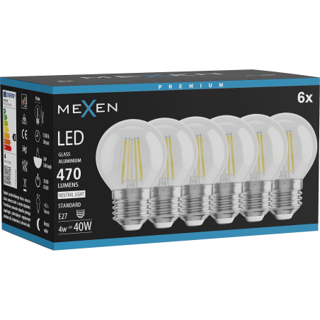 Mexen Vintis 6x żarówka filament LED E27, G45, 4W, Neutralna - 4000K, 470 lm, clear - L156-E27-0427-00x06