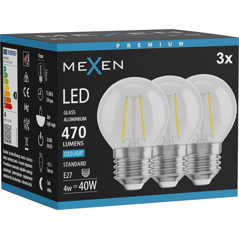 Mexen Vintis 3x żarówka filament LED E27, G45, 4W, Zimna - 6500K, 470 lm, clear - L156-E27-0465-00x03