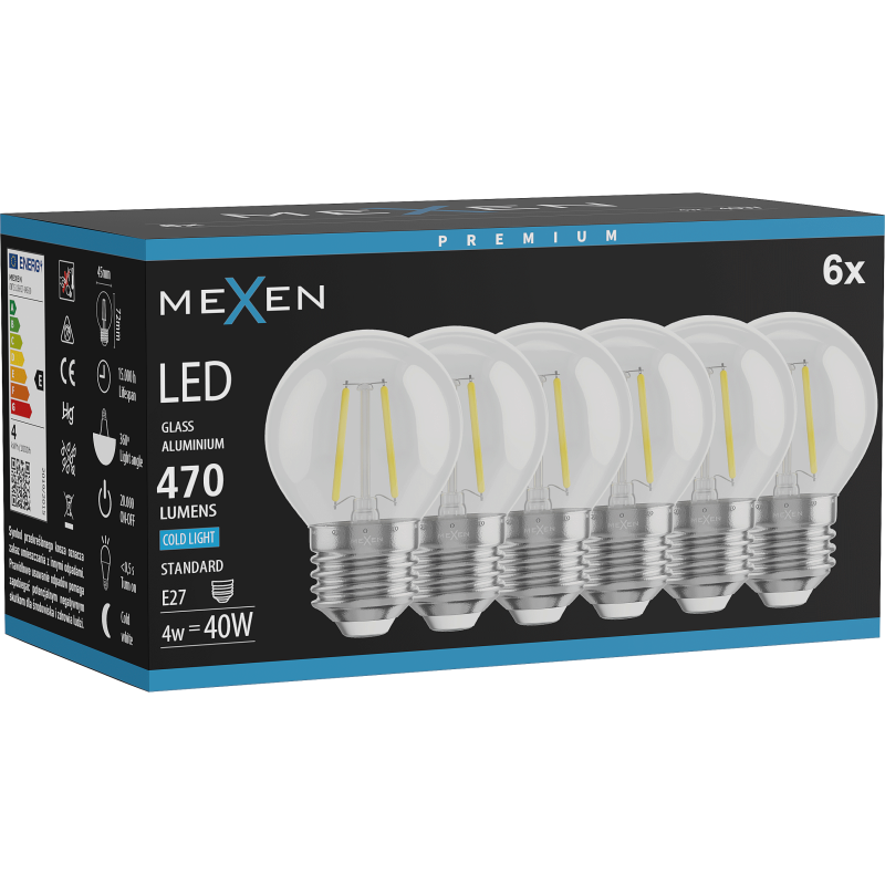 Mexen Vintis 6x żarówka filament LED E27, G45, 4W, Zimna - 6500K, 470 lm, clear - L156-E27-0465-00x06