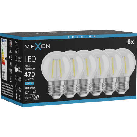 Mexen Vintis 6x żarówka filament LED E27, G45, 4W, Zimna - 6500K, 470 lm, clear - L156-E27-0465-00x06