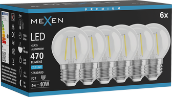 Mexen Vintis 6x żarówka filament LED E27, G45, 4W, Zimna - 6500K, 470 lm, clear - L156-E27-0465-00x06