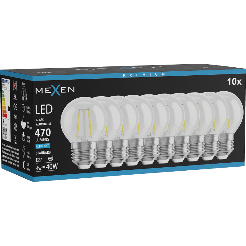 Mexen Vintis 10x żarówka filament LED E27, G45, 4W, Zimna - 6500K, 470 lm, clear - L156-E27-0465-00x10