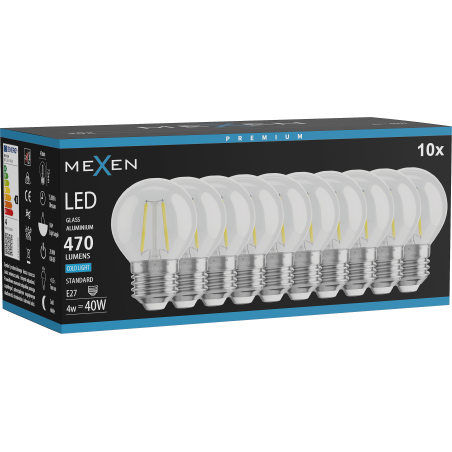 Mexen Vintis 10x żarówka filament LED E27, G45, 4W, Zimna - 6500K, 470 lm, clear - L156-E27-0465-00x10
