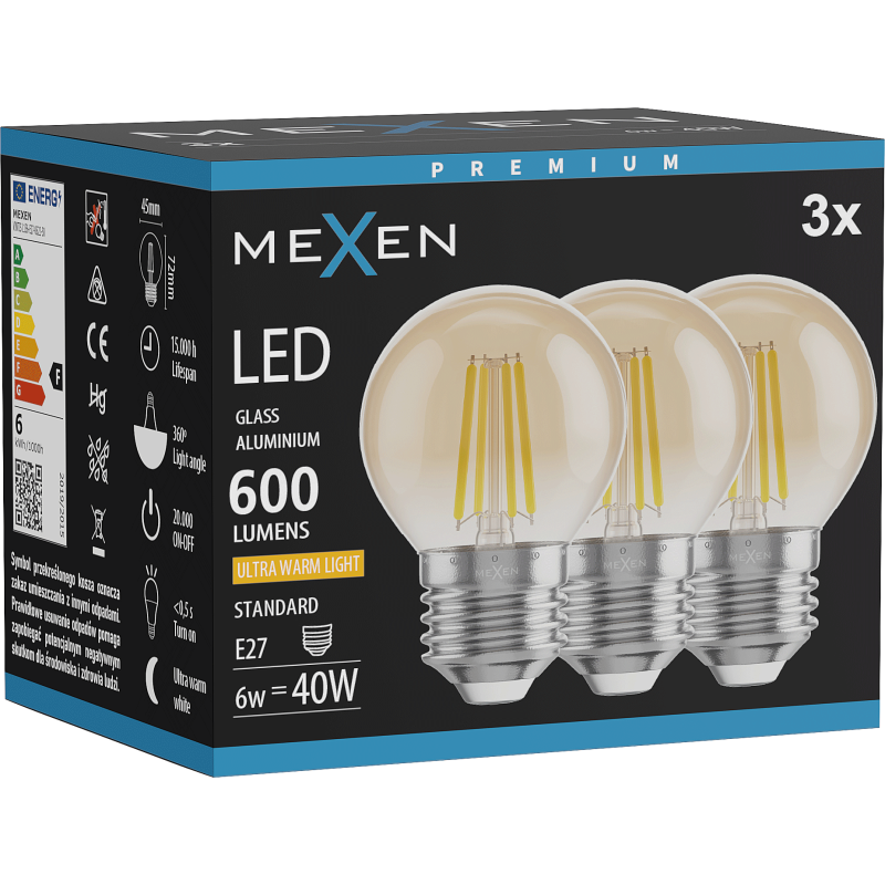 Mexen Vintis 3x żarówka filament LED E27, G45, 6W, Ciepła - 2200K, 600 lm, amber - L156-E27-0622-50x03