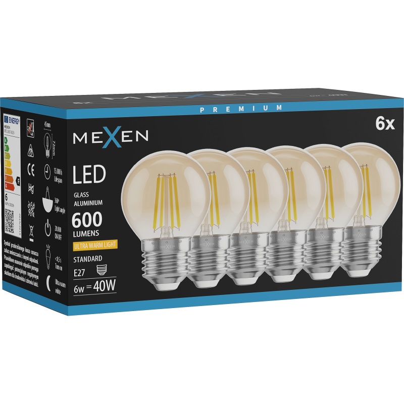 Mexen Vintis 6x żarówka filament LED E27, G45, 6W, Ciepła - 2200K, 600 lm, amber - L156-E27-0622-50x06