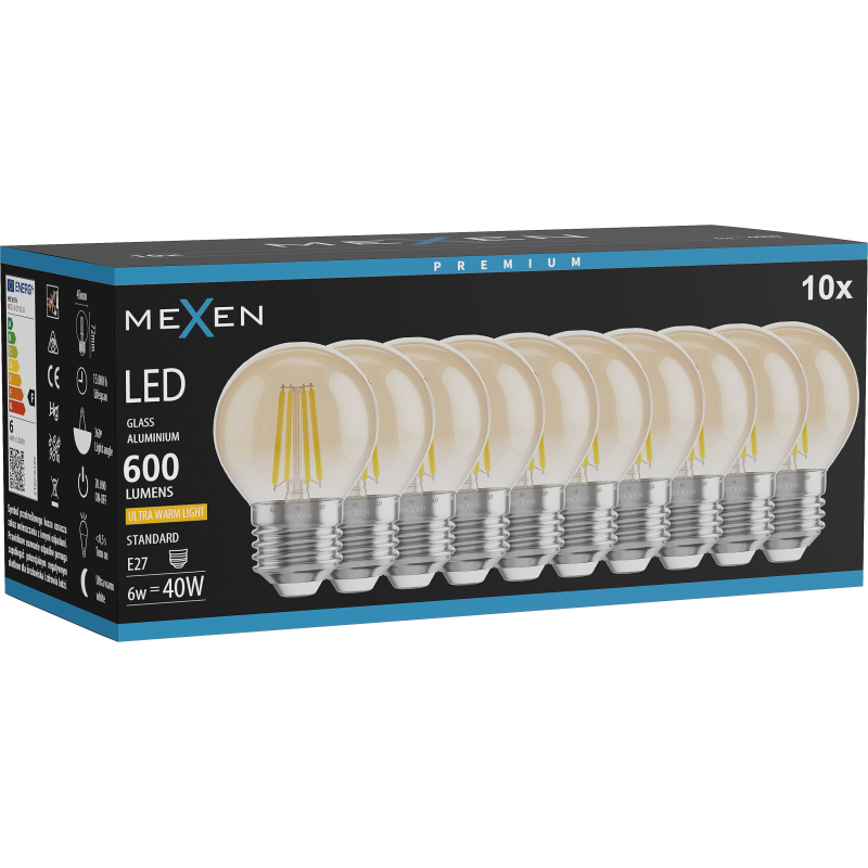 Mexen Vintis 10x żarówka filament LED E27, G45, 6W, Ciepła - 2200K, 600 lm, amber - L156-E27-0622-50x10