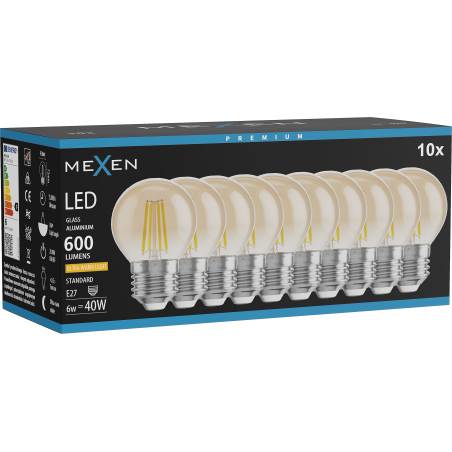 Mexen Vintis 10x żarówka filament LED E27, G45, 6W, Ciepła - 2200K, 600 lm, amber - L156-E27-0622-50x10