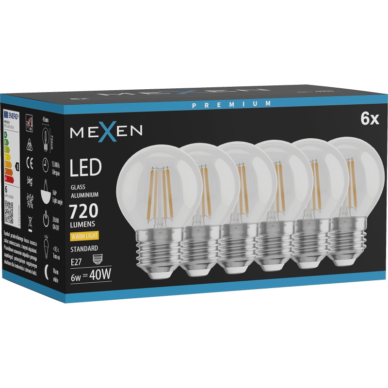 Mexen Vintis 6x żarówka filament LED E27, G45, 6W, Ciepła - 2700K, 720 lm, clear - L156-E27-0627-00x06