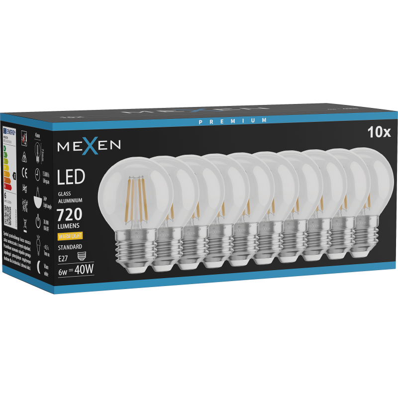 Mexen Vintis 10x żarówka filament LED E27, G45, 6W, Ciepła - 2700K, 720 lm, clear - L156-E27-0627-00x10