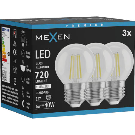 Mexen Vintis 3x żarówka filament LED E27, G45, 6W, Neutralna - 4000K, 720 lm, clear - L156-E27-0627-00x03