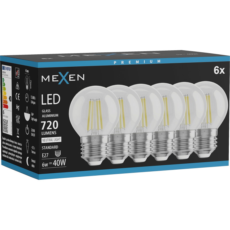 Mexen Vintis 6x żarówka filament LED E27, G45, 6W, Neutralna - 4000K, 720 lm, clear - L156-E27-0627-00x06