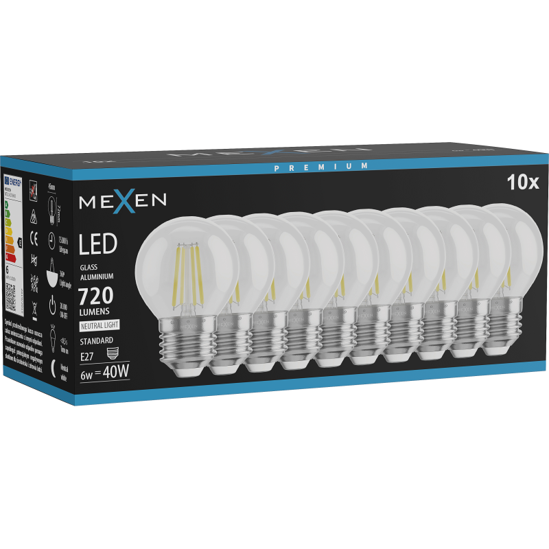 Mexen Vintis 10x żarówka filament LED E27, G45, 6W, Neutralna - 4000K, 720 lm, clear - L156-E27-0627-00x10