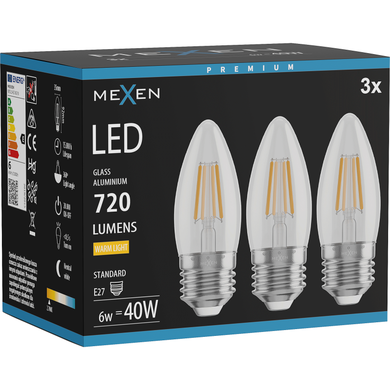 Mexen Vintis 3x żarówka filament LED E27, C35, 6W, Ciepła - 2700K, 720 lm, clear - L154-E27-0627-00x03