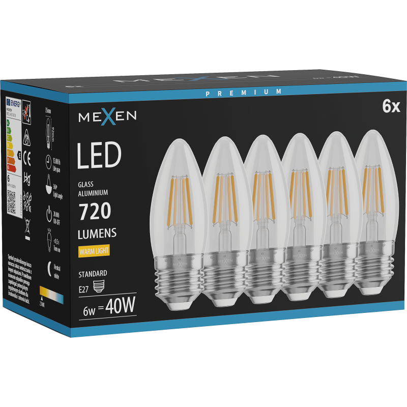 Mexen Vintis 6x żarówka filament LED E27, C35, 6W, Ciepła - 2700K, 720 lm, clear - L154-E27-0627-00x06