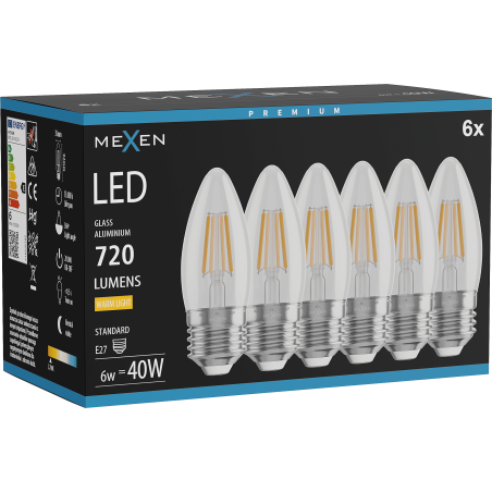 Mexen Vintis 6x żarówka filament LED E27, C35, 6W, Ciepła - 2700K, 720 lm, clear - L154-E27-0627-00x06