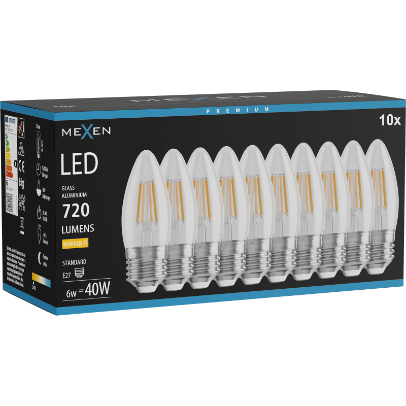 Mexen Vintis 10x żarówka filament LED E27, C35, 6W, Ciepła - 2700K, 720 lm, clear - L154-E27-0627-00x10