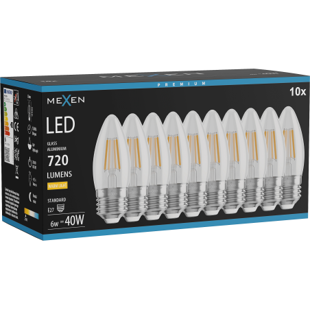 Mexen Vintis 10x żarówka filament LED E27, C35, 6W, Ciepła - 2700K, 720 lm, clear - L154-E27-0627-00x10