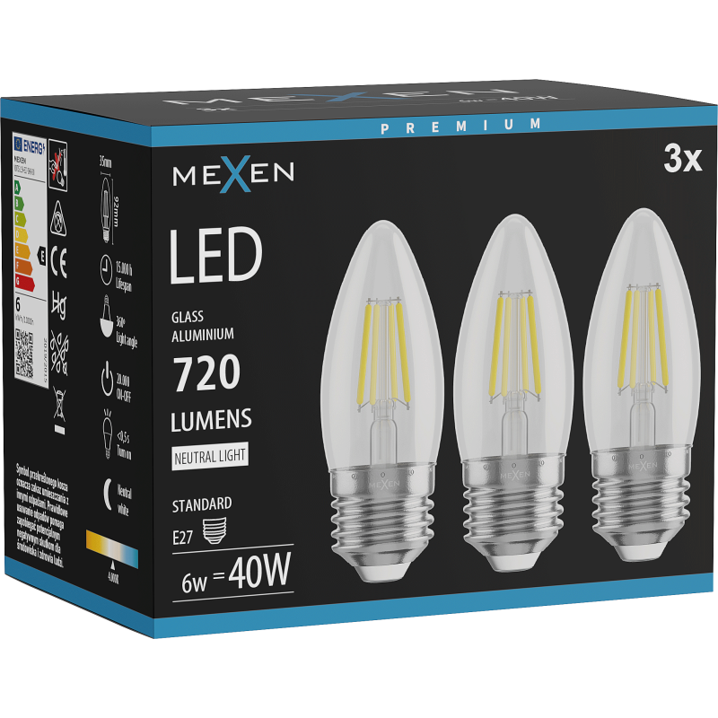 Mexen Vintis 3x żarówka filament LED E27, C35, 6W, Neutralna - 4000K, 720 lm, clear - L154-E27-0640-00x03