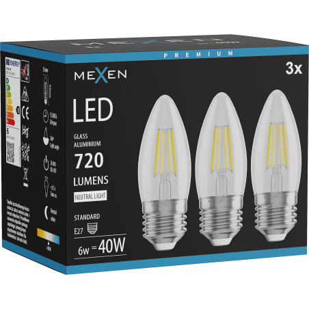 Mexen Vintis 3x żarówka filament LED E27, C35, 6W, Neutralna - 4000K, 720 lm, clear - L154-E27-0640-00x03