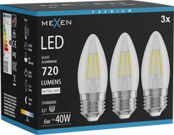 Mexen Vintis 3x żarówka filament LED E27, C35, 6W, Neutralna - 4000K, 720 lm, clear - L154-E27-0640-00x03