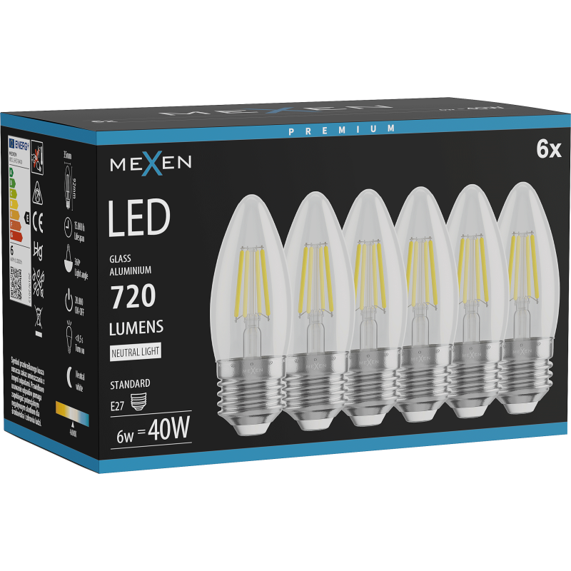 Mexen Vintis 6x żarówka filament LED E27, C35, 6W, Neutralna - 4000K, 720 lm, clear - L154-E27-0640-00x06
