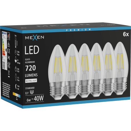 Mexen Vintis 6x żarówka filament LED E27, C35, 6W, Neutralna - 4000K, 720 lm, clear - L154-E27-0640-00x06