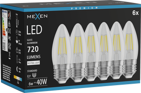 Mexen Vintis 6x żarówka filament LED E27, C35, 6W, Neutralna - 4000K, 720 lm, clear - L154-E27-0640-00x06