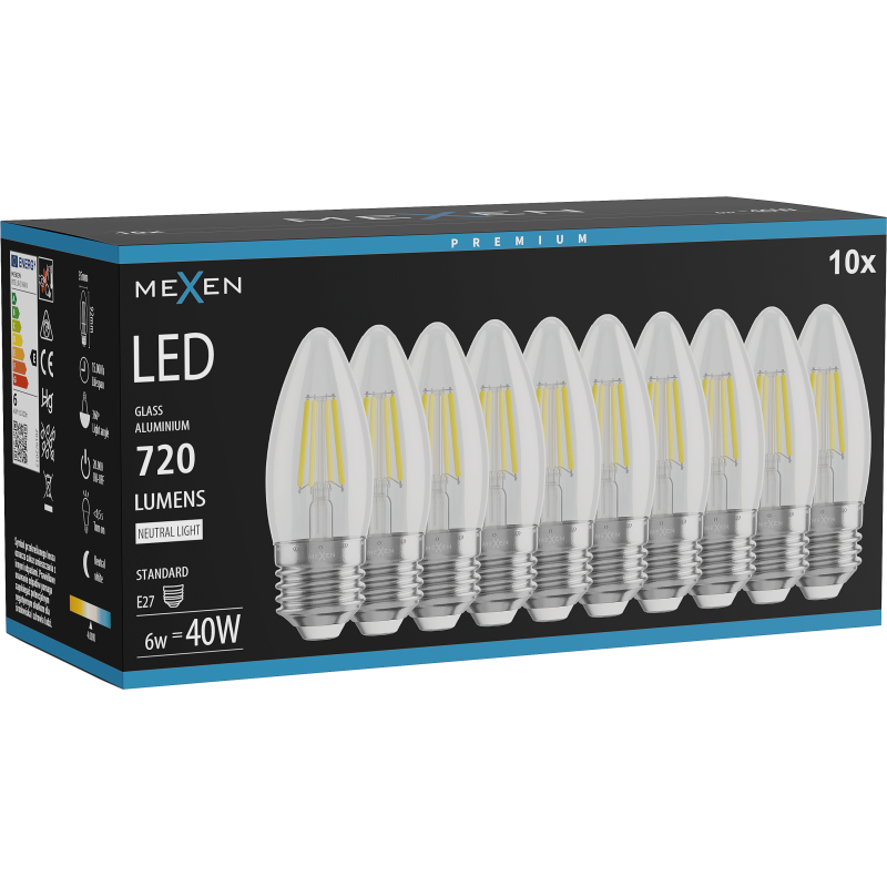 Mexen Vintis 10x żarówka filament LED E27, C35, 6W, Neutralna - 4000K, 720 lm, clear - L154-E27-0640-00x10