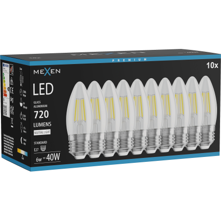 Mexen Vintis 10x żarówka filament LED E27, C35, 6W, Neutralna - 4000K, 720 lm, clear - L154-E27-0640-00x10