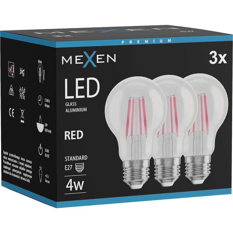 Mexen Vintis 3x żarówka filament LED E27, A60, 4W, 55 lm, red - L150-E27-04XX-45x03