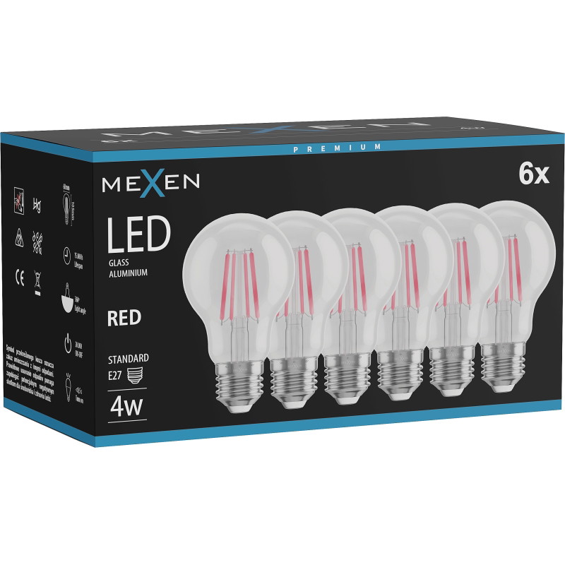 Mexen Vintis 6x żarówka filament LED E27, A60, 4W, 55 lm, red - L150-E27-04XX-45x06