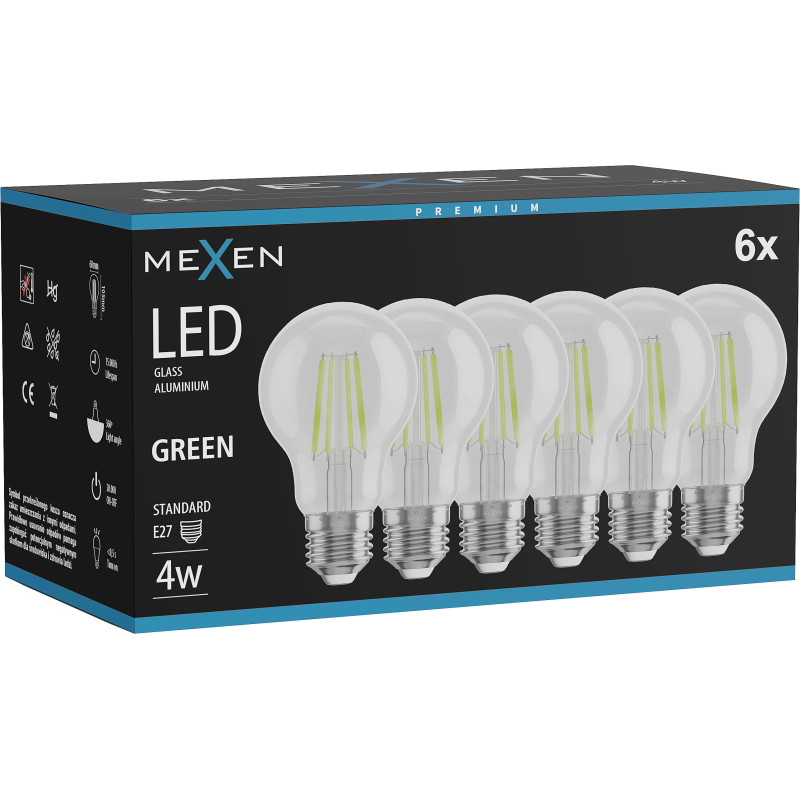 Mexen Vintis 6x żarówka filament LED E27, A60, 4W, 55 lm, green - L150-E27-04XX-46x06