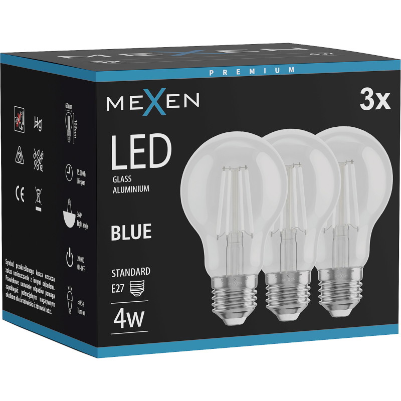 Mexen Vintis 3x żarówka filament LED E27, A60, 4W, 55 lm, blue - L150-E27-04XX-47x03